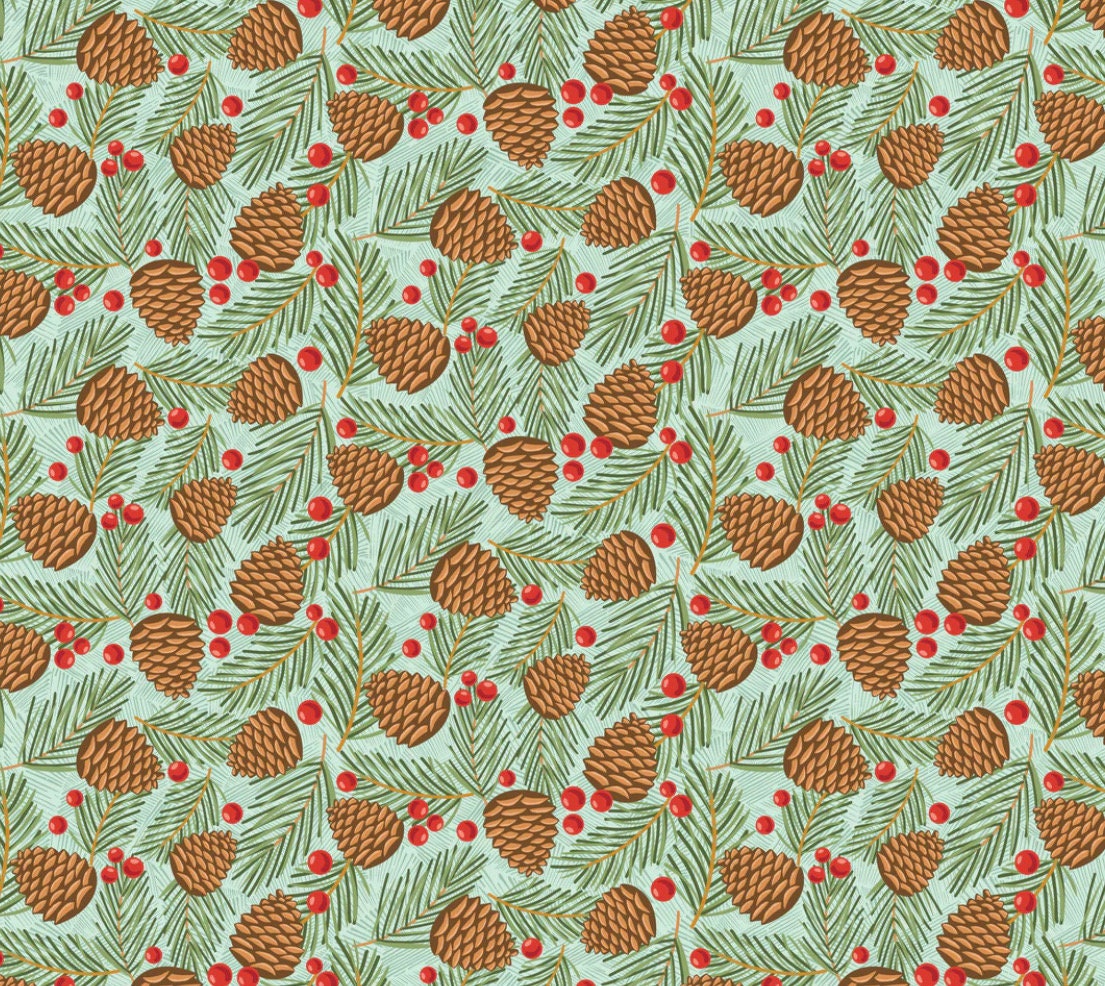 prairie christmas - traditional pine cones teal | Poppie cotton | Amanda Grace | holiday | shipping June 2024 - PC24367