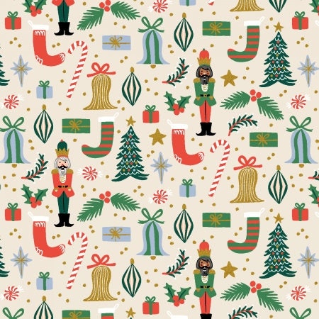 Holiday Classics II Deck the halls - cream Metallic Fabric - Rifle paper co - cotton and steel -christmas - holiday - RP6 - stockings