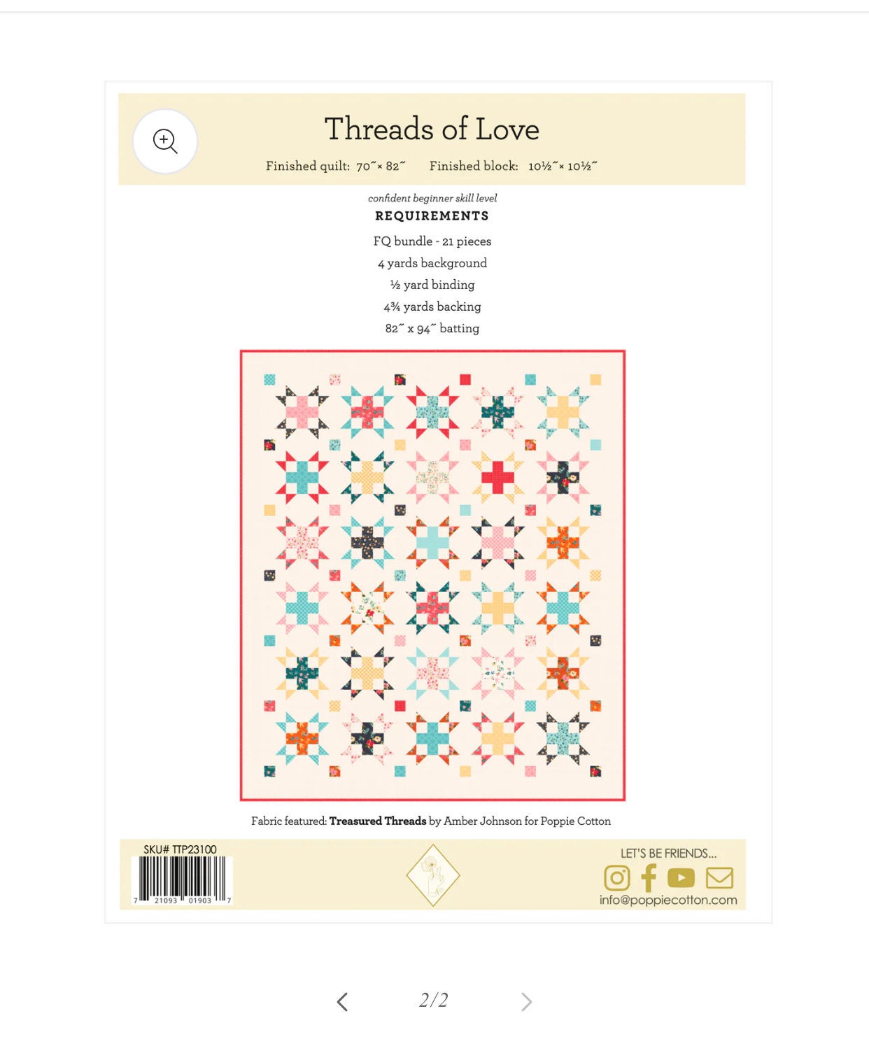 Threads of love Pattern | Poppie cotton | treasured threads quilt size 70" x 82" - in stock - paper pattern