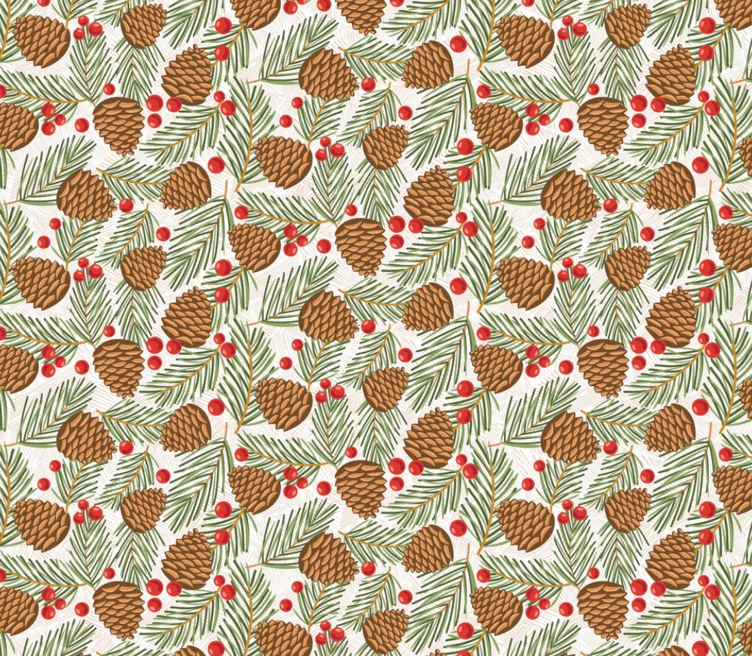 prairie christmas - traditional pine cones white | Poppie cotton | Amanda Grace | holiday | shipping June 2024 - PC24365