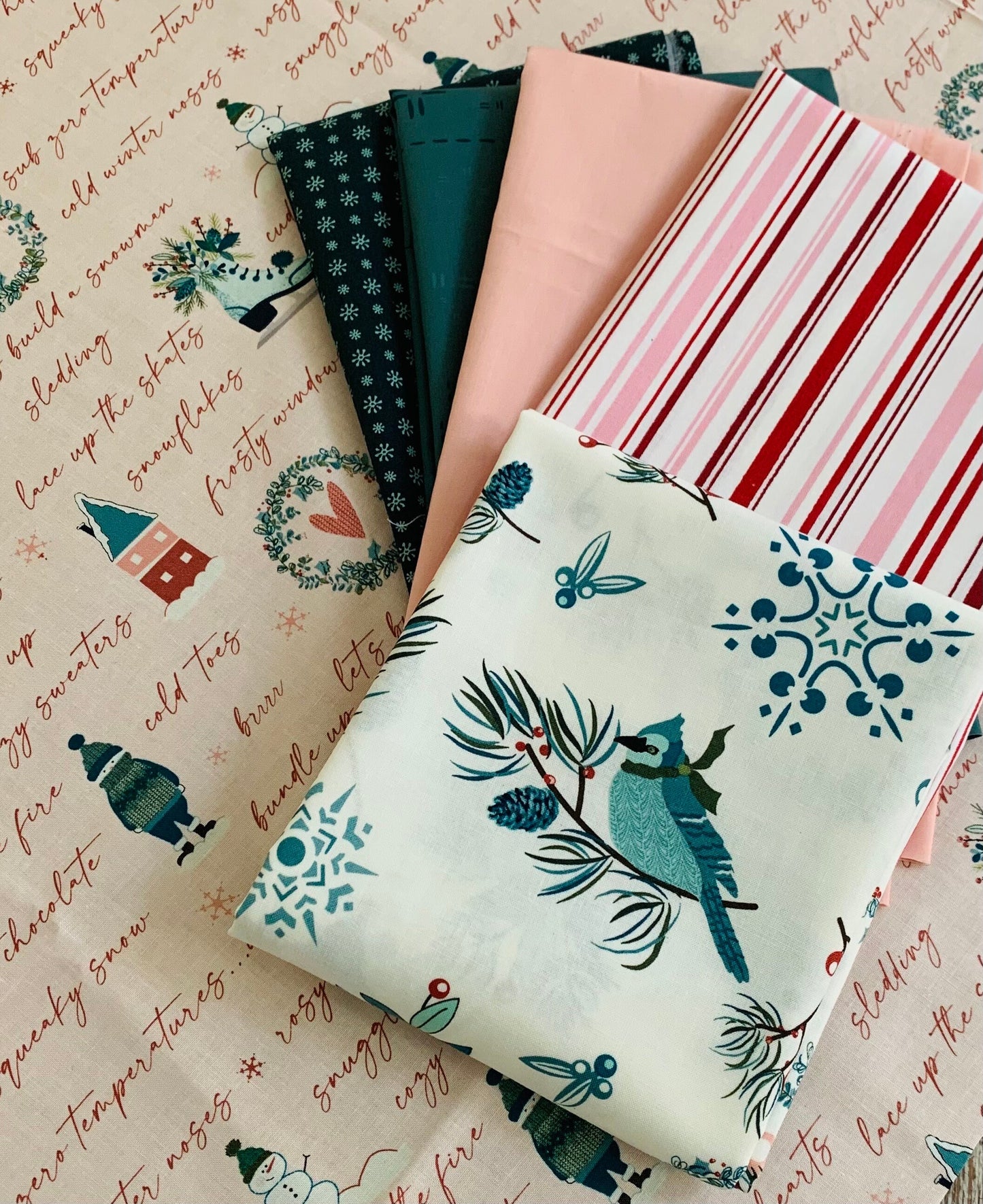 Frosty Holiday mini bundle 6 Fat Quarter - Arrival of winter - Holiday stripe - Juniper - teal - light pink