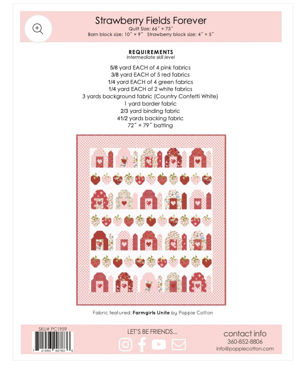 strawberry fields forever Pattern | Poppie cotton | farm girls unite quilt size 66" x 73" - paper pattern - halloween