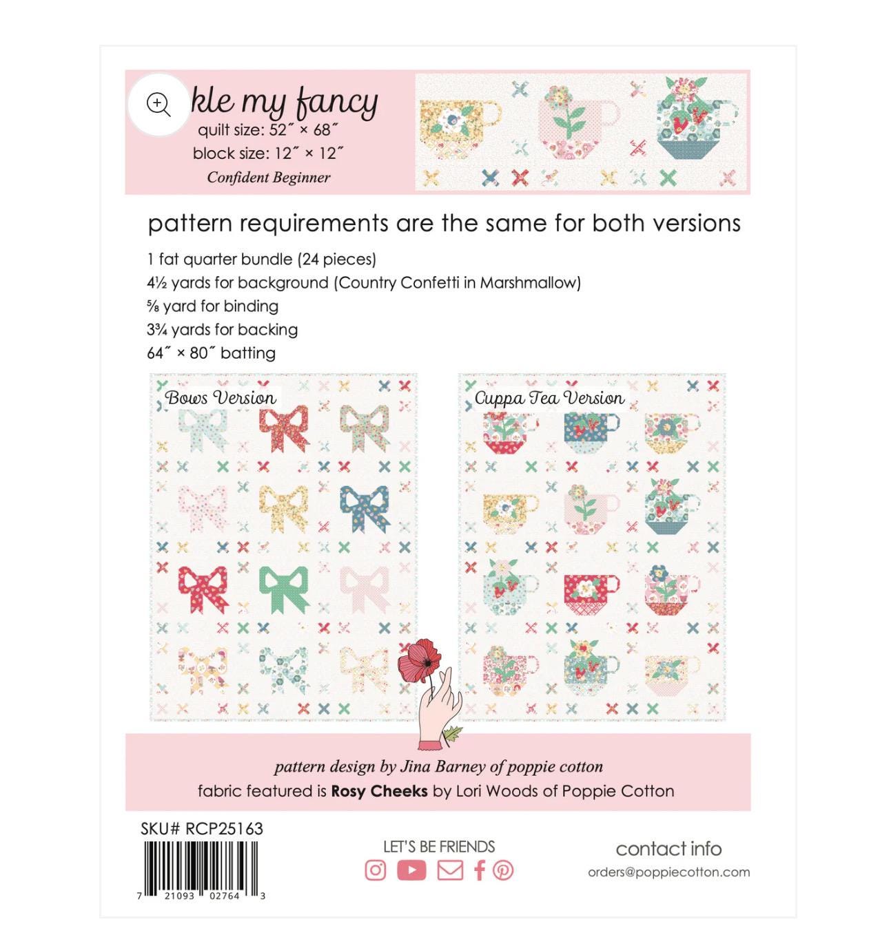 Tickle My Fancy Bow And Cuppa Tea Pattern paper Rosy cheeks - Poppie cotton quilt size 52" x 68" block size 12"x12" in stock
