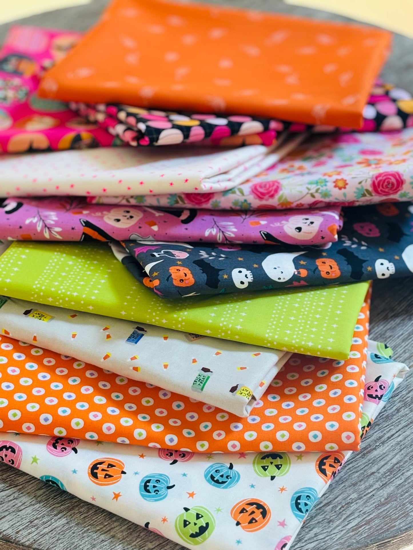 Bright Halloween 11 fat quarter OR 1/2 yd bundle - AGF - green pink orange - boo sweet n spooky - stripe