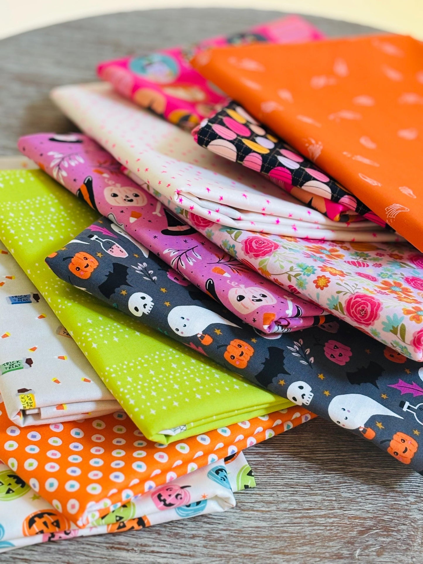 Bright Halloween 11 fat quarter OR 1/2 yd bundle - AGF - green pink orange - boo sweet n spooky - stripe