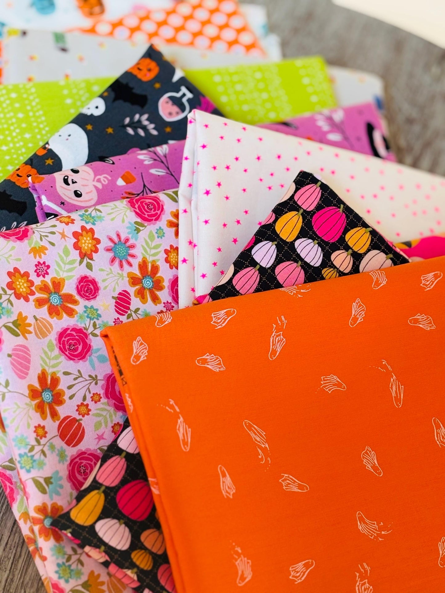 Bright Halloween 11 fat quarter OR 1/2 yd bundle - AGF - green pink orange - boo sweet n spooky - stripe
