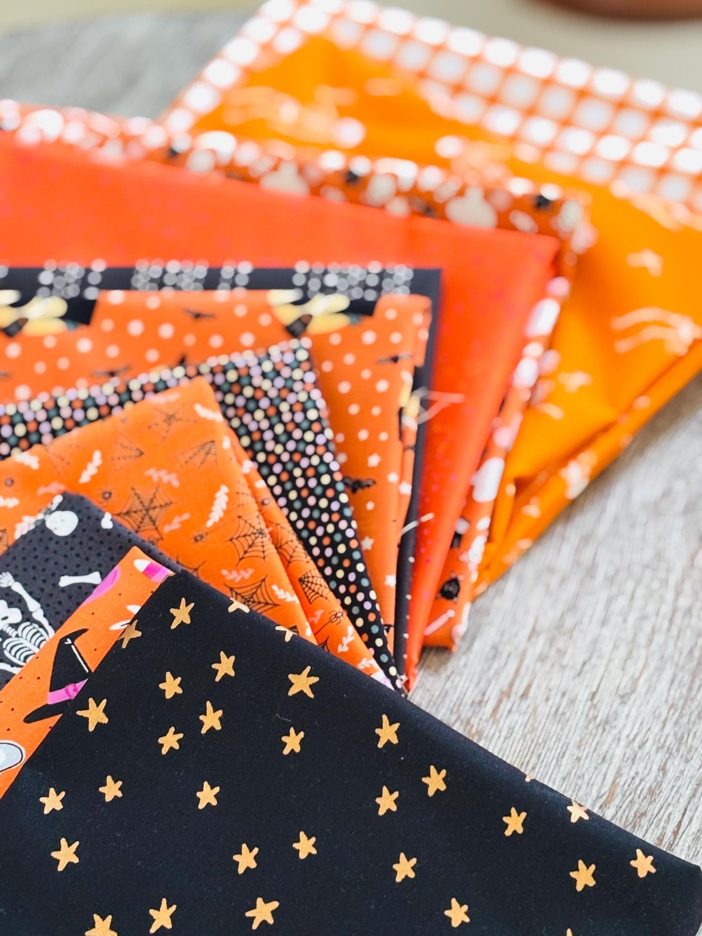 Orange and black Halloween 11 fat quarter OR 1/2 yd bundle - AGF - Poppie cotton Starry sweet tooth Ruby Star - stripe