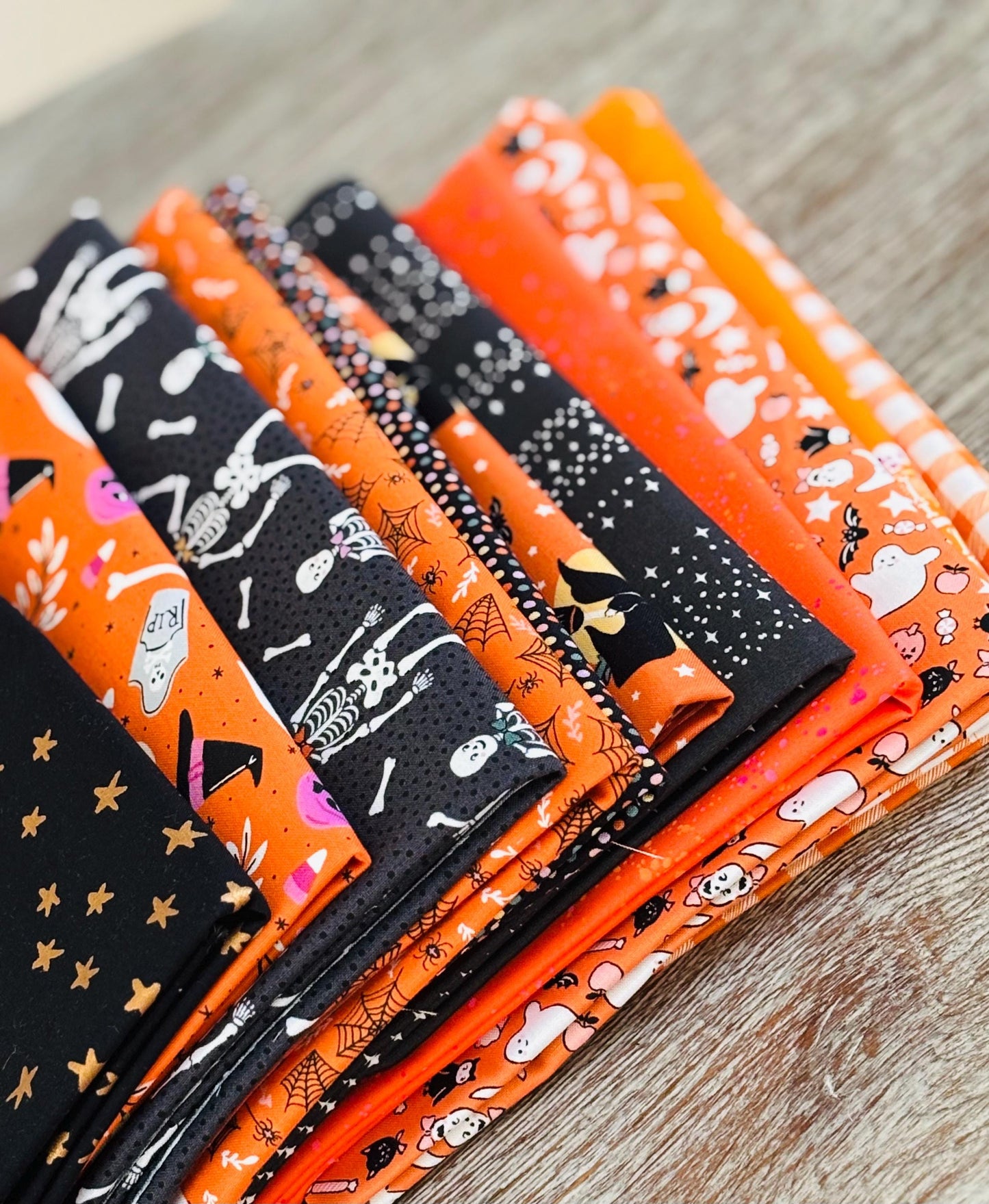 Orange and black Halloween 11 fat quarter OR 1/2 yd bundle - AGF - Poppie cotton Starry sweet tooth Ruby Star - stripe