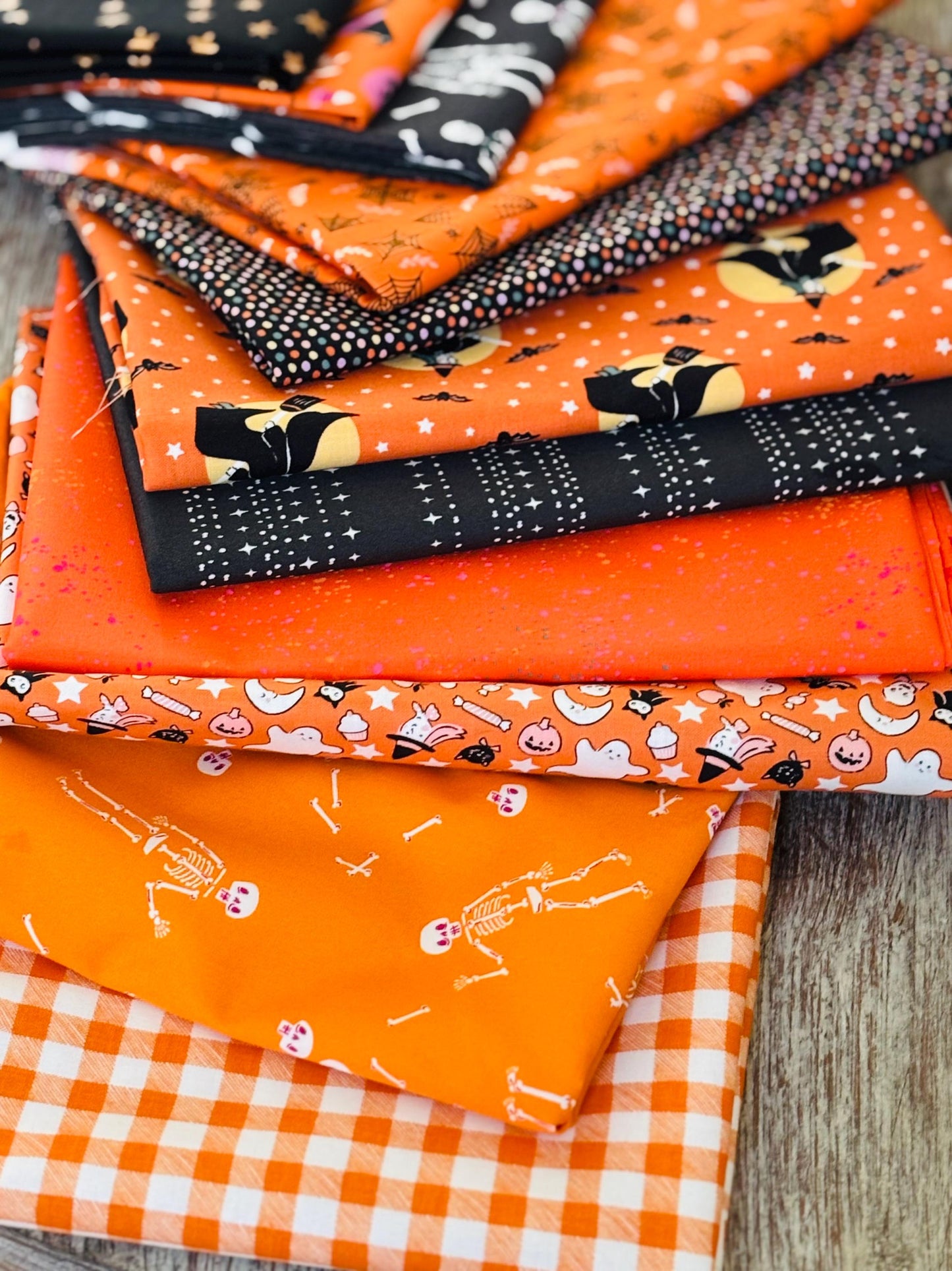 Orange and black Halloween 11 fat quarter OR 1/2 yd bundle - AGF - Poppie cotton Starry sweet tooth Ruby Star - stripe