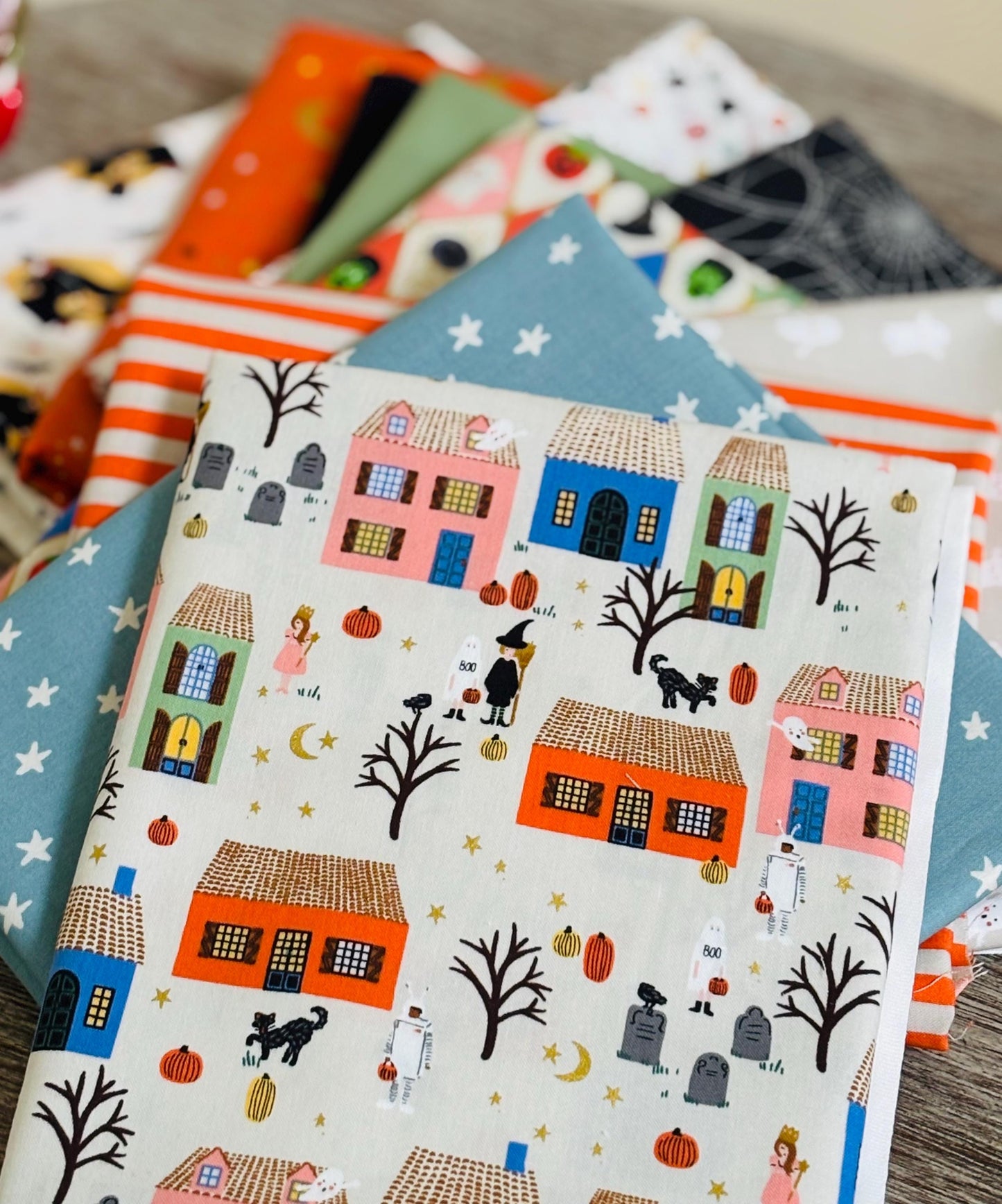 Witches house day 11 fat quarter Metallic - skeleton - pumpkin - RJR pure solids sweet n spooky ghost cobweb halloween Rifle paper co