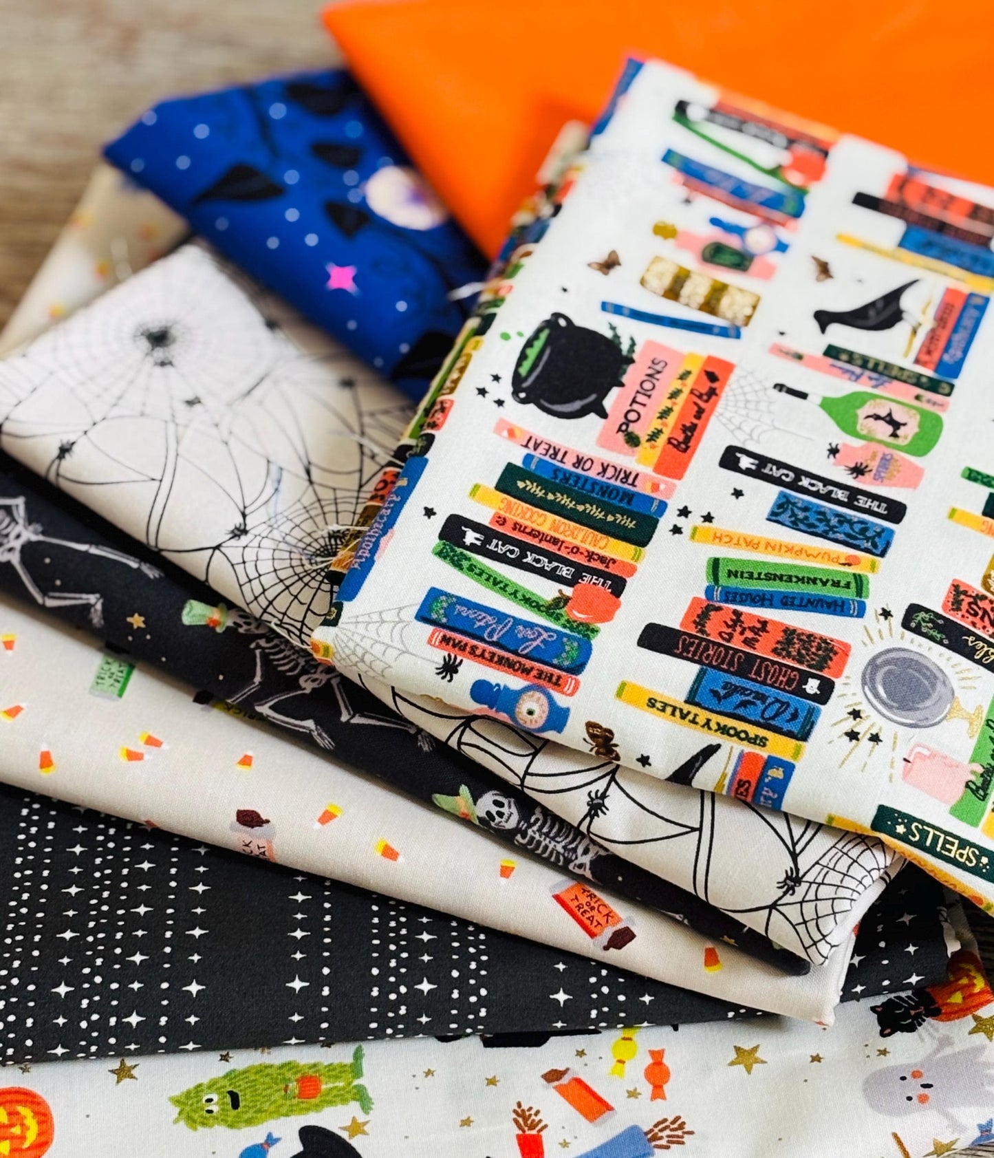 Too cute to spook - Bookish 8 fat quarter - skeleton - pumpkin - RJR pure solids sweet n spooky ghost halloween parade Spellbound