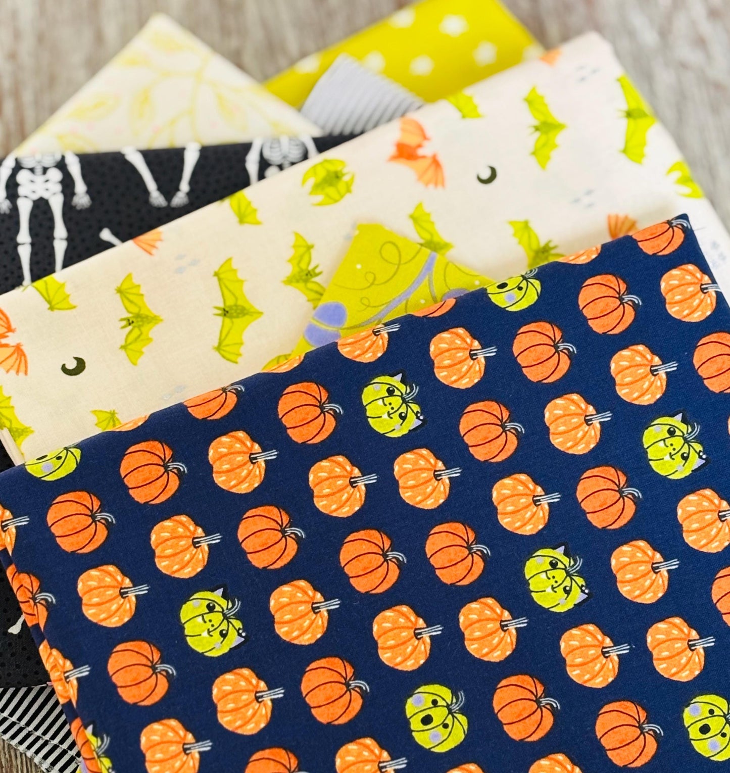 Too cute to spook - slime lime green 7 fat quarter - skeleton - pumpkin - RJR pure solids sweet n spooky ghost scaredy cat