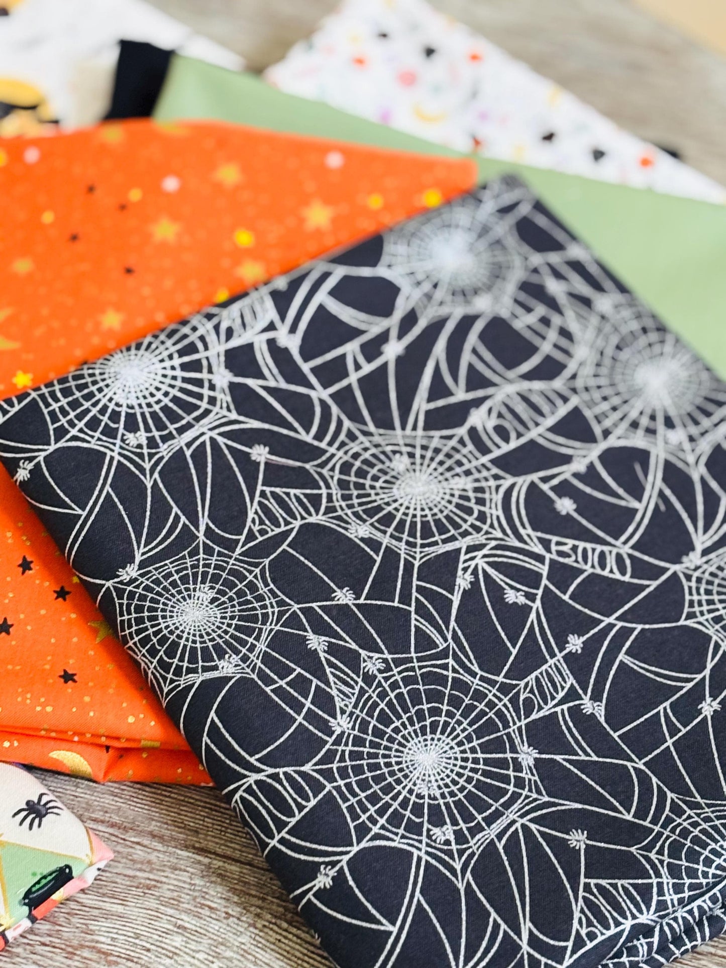 Witches house day 11 fat quarter Metallic - skeleton - pumpkin - RJR pure solids sweet n spooky ghost cobweb halloween Rifle paper co