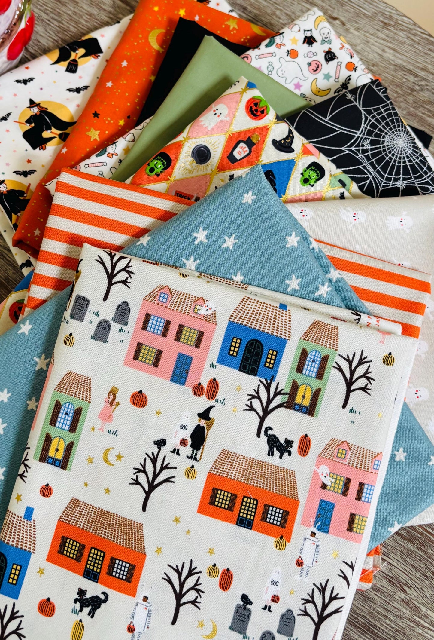 Witches house day 11 fat quarter Metallic - skeleton - pumpkin - RJR pure solids sweet n spooky ghost cobweb halloween Rifle paper co