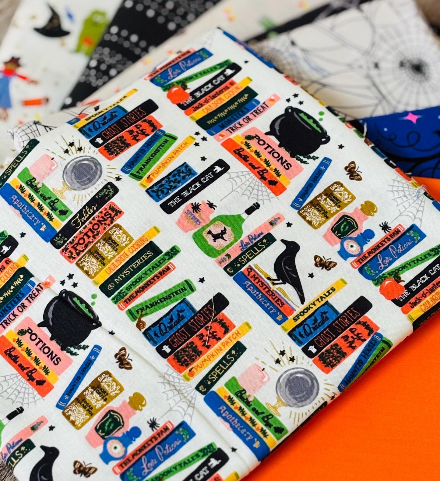 Too cute to spook - Bookish 8 fat quarter - skeleton - pumpkin - RJR pure solids sweet n spooky ghost halloween parade Spellbound