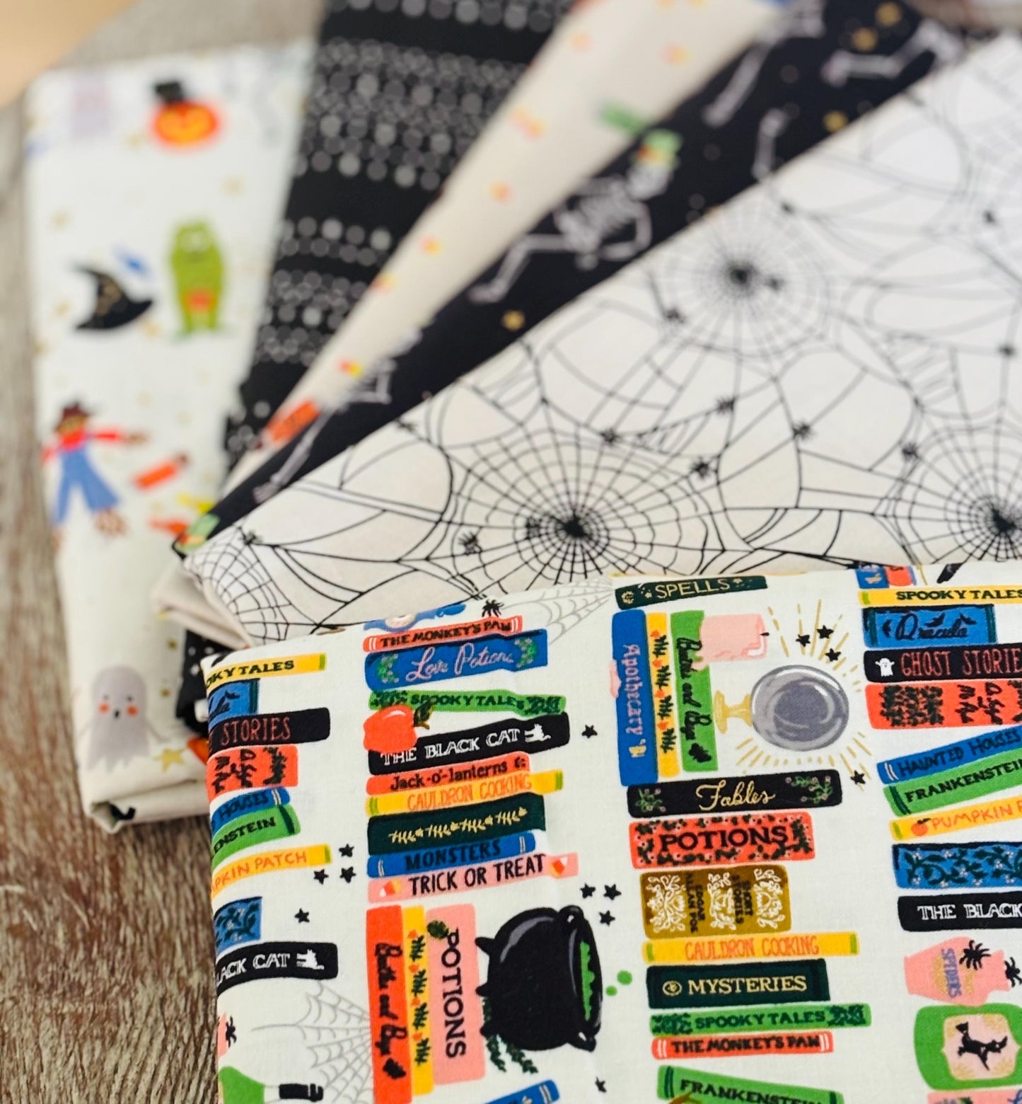 Too cute to spook - Bookish 8 fat quarter - skeleton - pumpkin - RJR pure solids sweet n spooky ghost halloween parade Spellbound