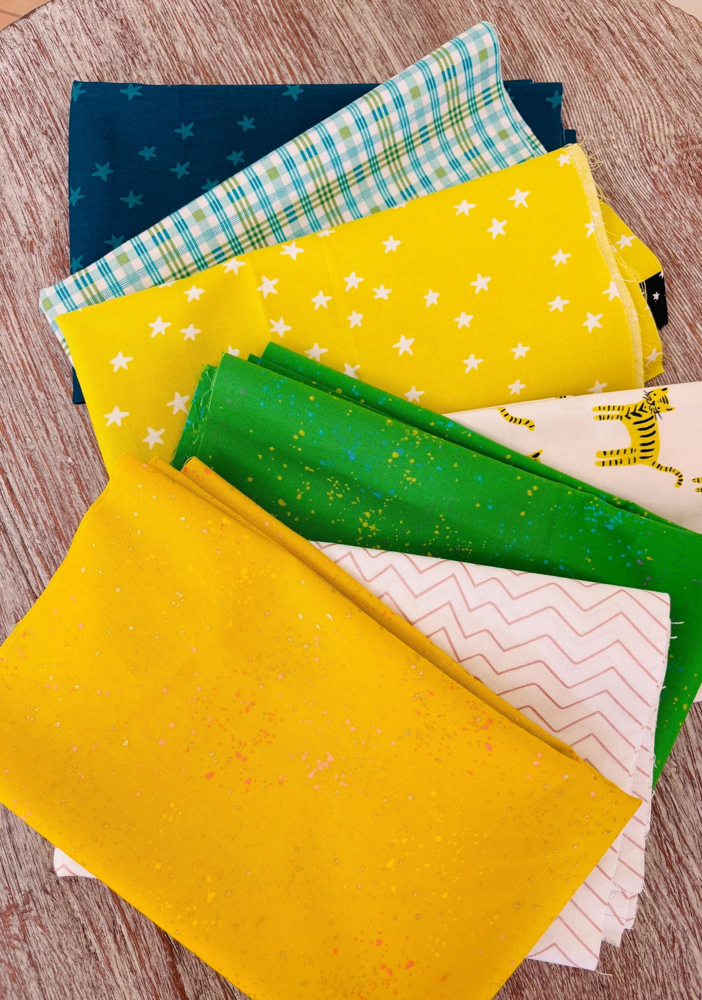 zesty blenders - 7 fat quarter bundle - pistachio lime green blue - starry - ruby Star - speckled - gingham egg and friends