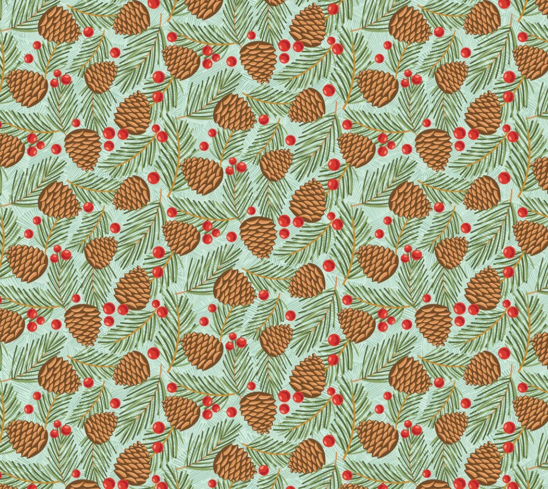 prairie christmas  - traditional pine cones teal | Poppie cotton | Amanda Grace | holiday | shipping June 2024 - PC24367