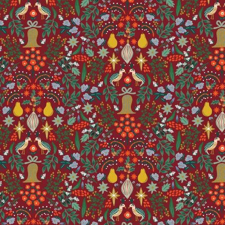 Holiday Classics - Partridge - Berry Metallic Fabric RP600-BE1M - Rifle paper co - cotton and steel  - christmas - holiday