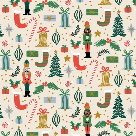 Holiday Classics II Deck the halls - cream Metallic Fabric - Rifle paper co - cotton and steel  -christmas - holiday - RP6  - stockings