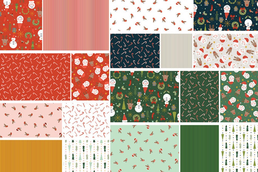 Christmas Lane bundle 19 Fat Quarters - RJR Studios - Holiday stripe  - santa - robin - holiday classics - candy cane