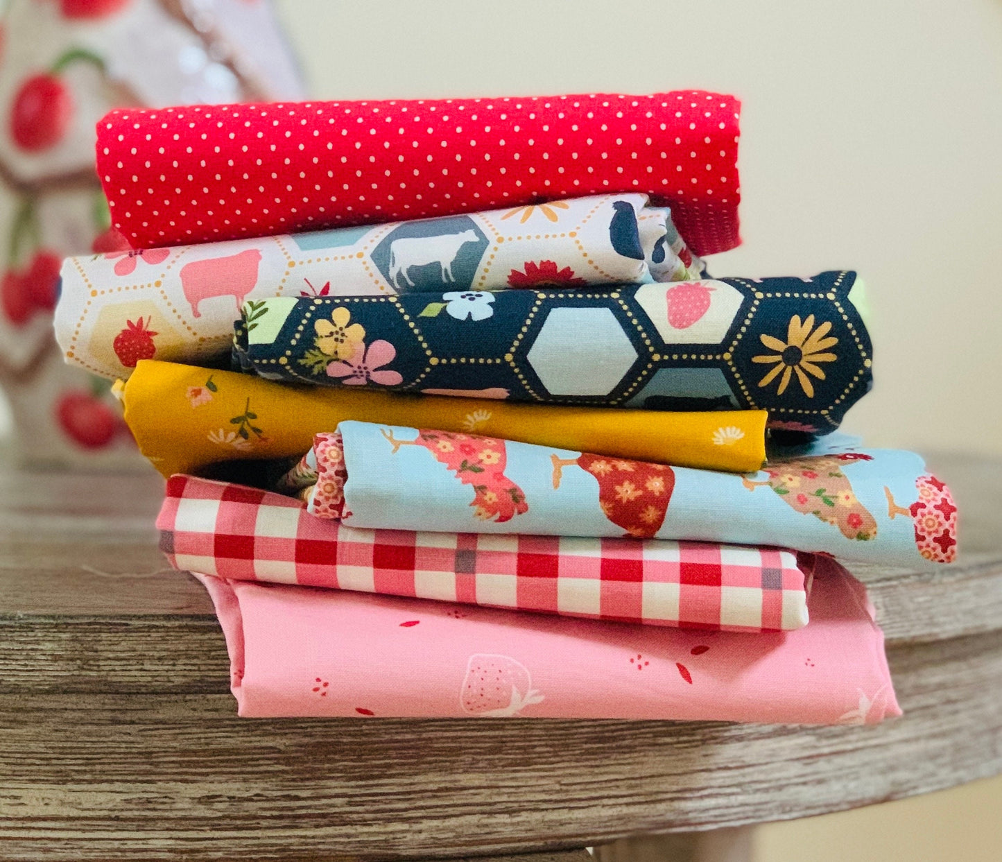 Farm yard fun bundle | 7 fat quarter bundle | cheeky chickens | strawberry  | plaid | Sunshine and Chamomile | Poppie cotton