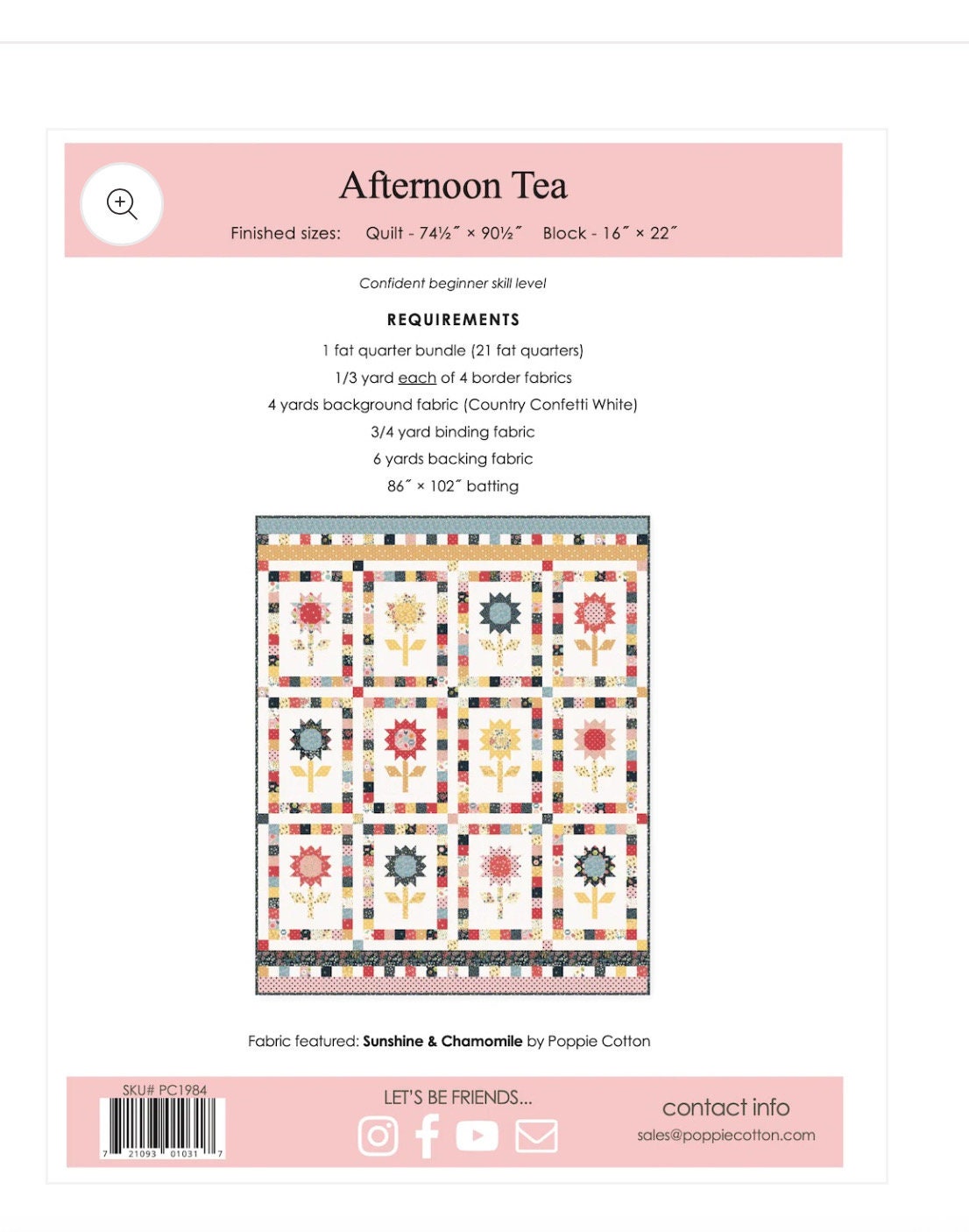 Afternoon tea - Sunshine and chamomile Paper Pattern | Poppie cotton |  quilt size 74 1/2 " x 90 1/2"  - in stock - paper pattern - spring