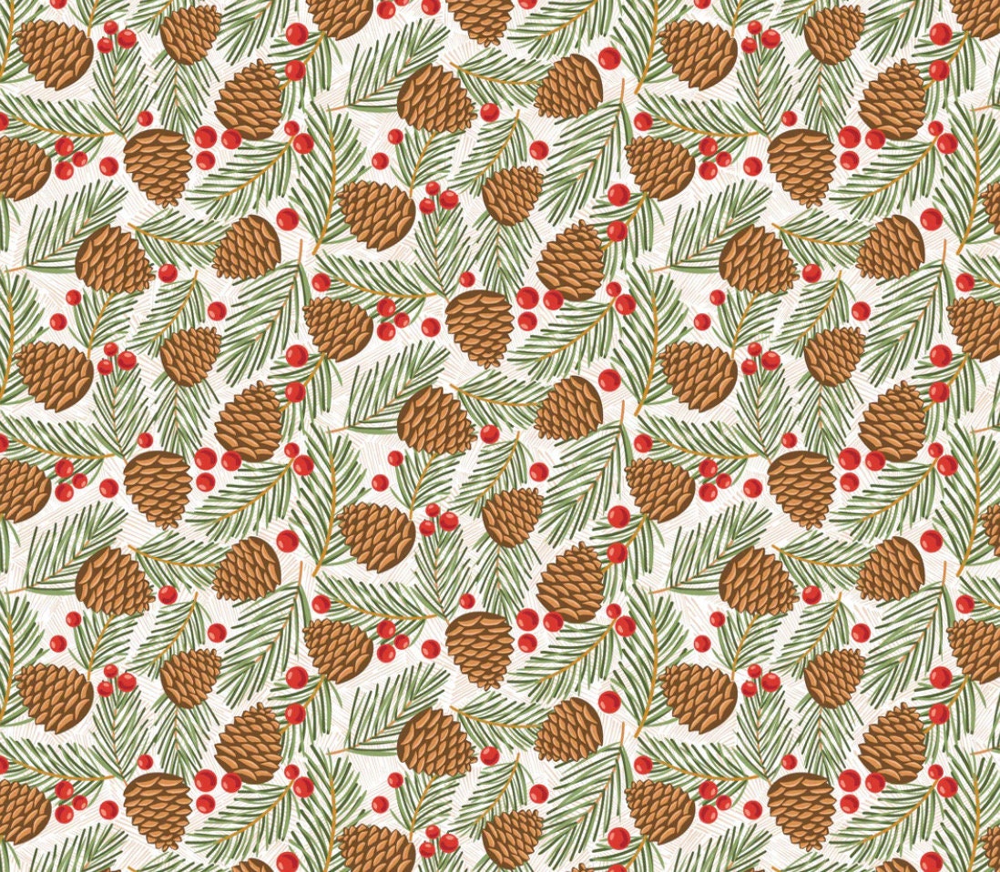 prairie christmas  - traditional pine cones white | Poppie cotton | Amanda Grace | holiday | shipping June 2024 - PC24365