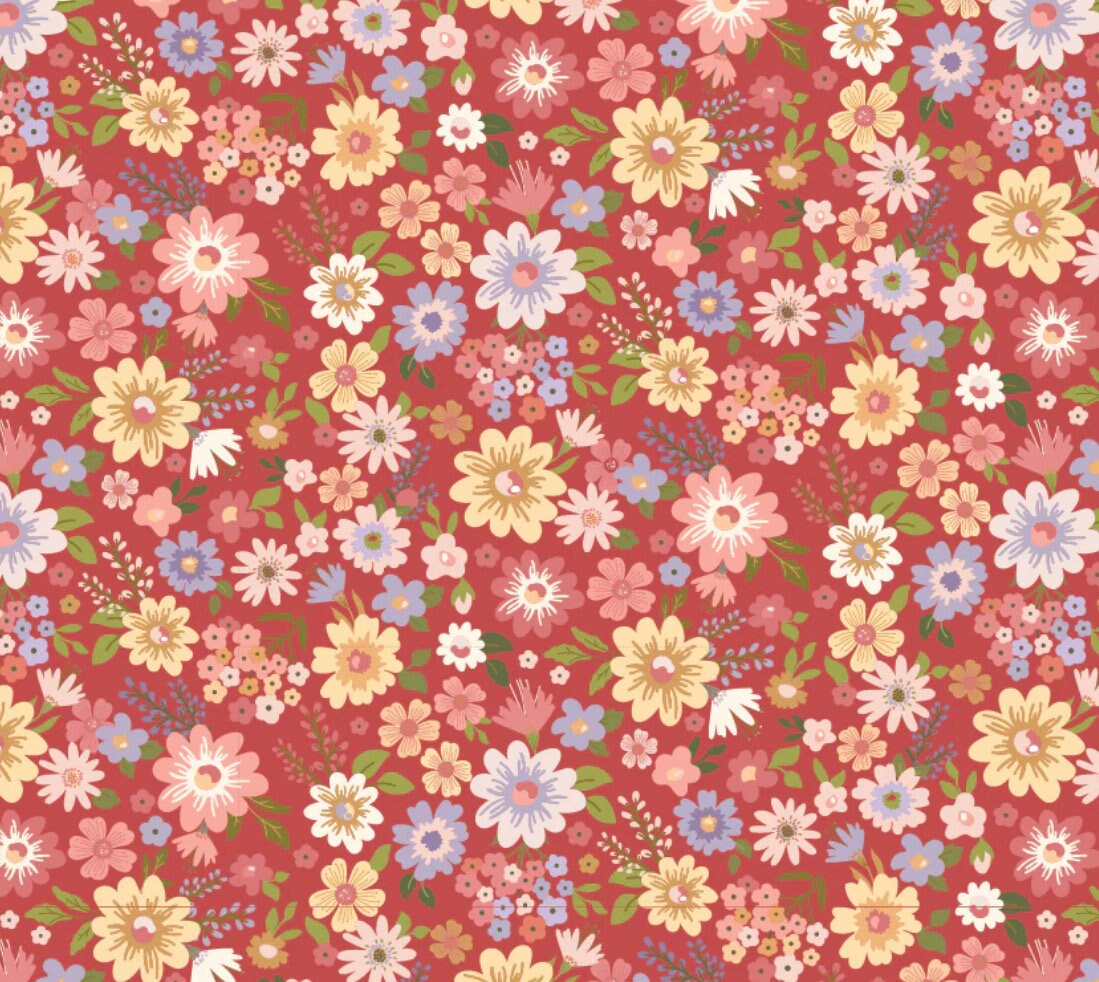 Nature sings Wildflowers pink | Poppie cotton | in stock | ditsy | floral | vintage | Lori Woods | plaid | birds