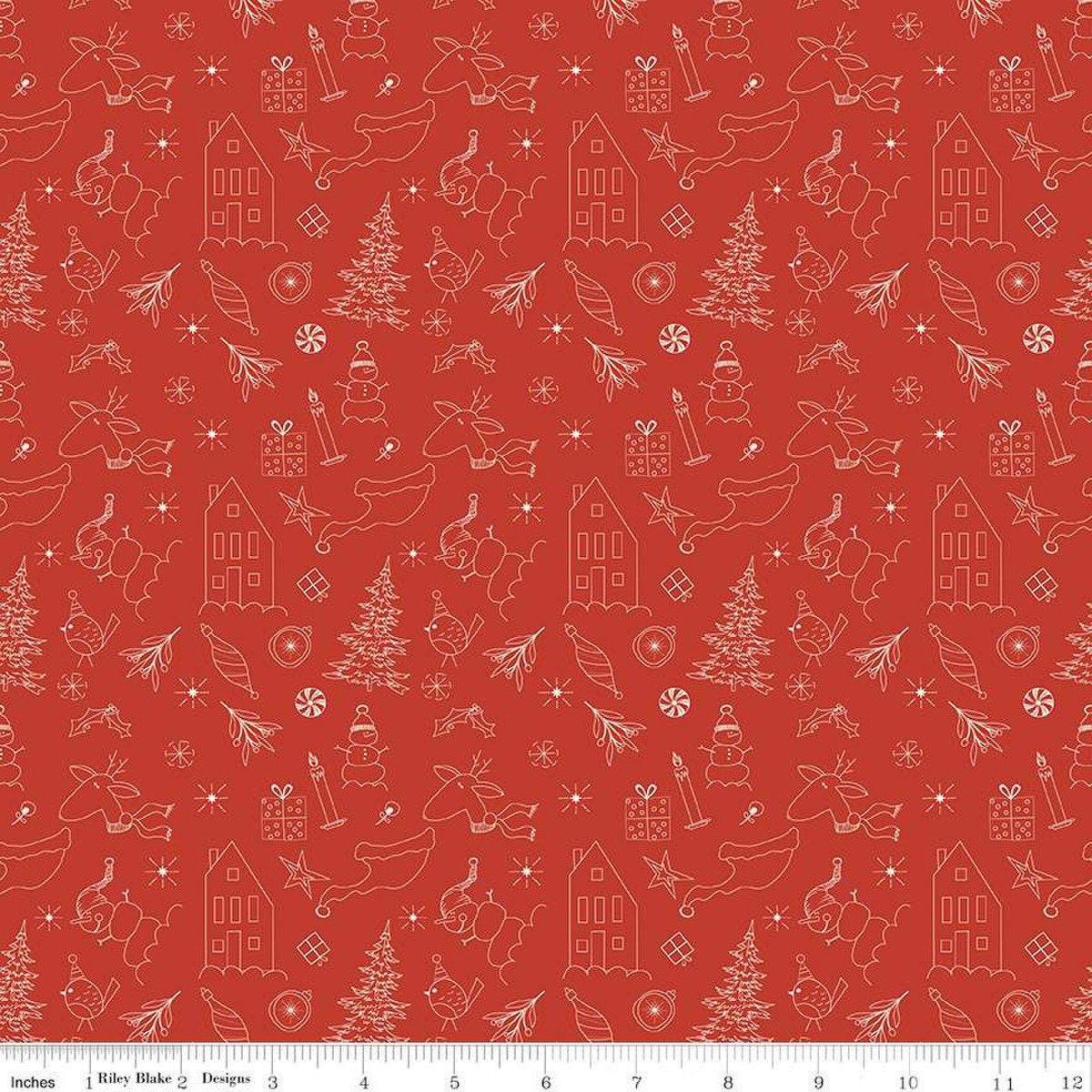 Christmas is in town doodles | C14742 red | 100% cotton | Sandy Gervais | holiday - festive - tree - in stock