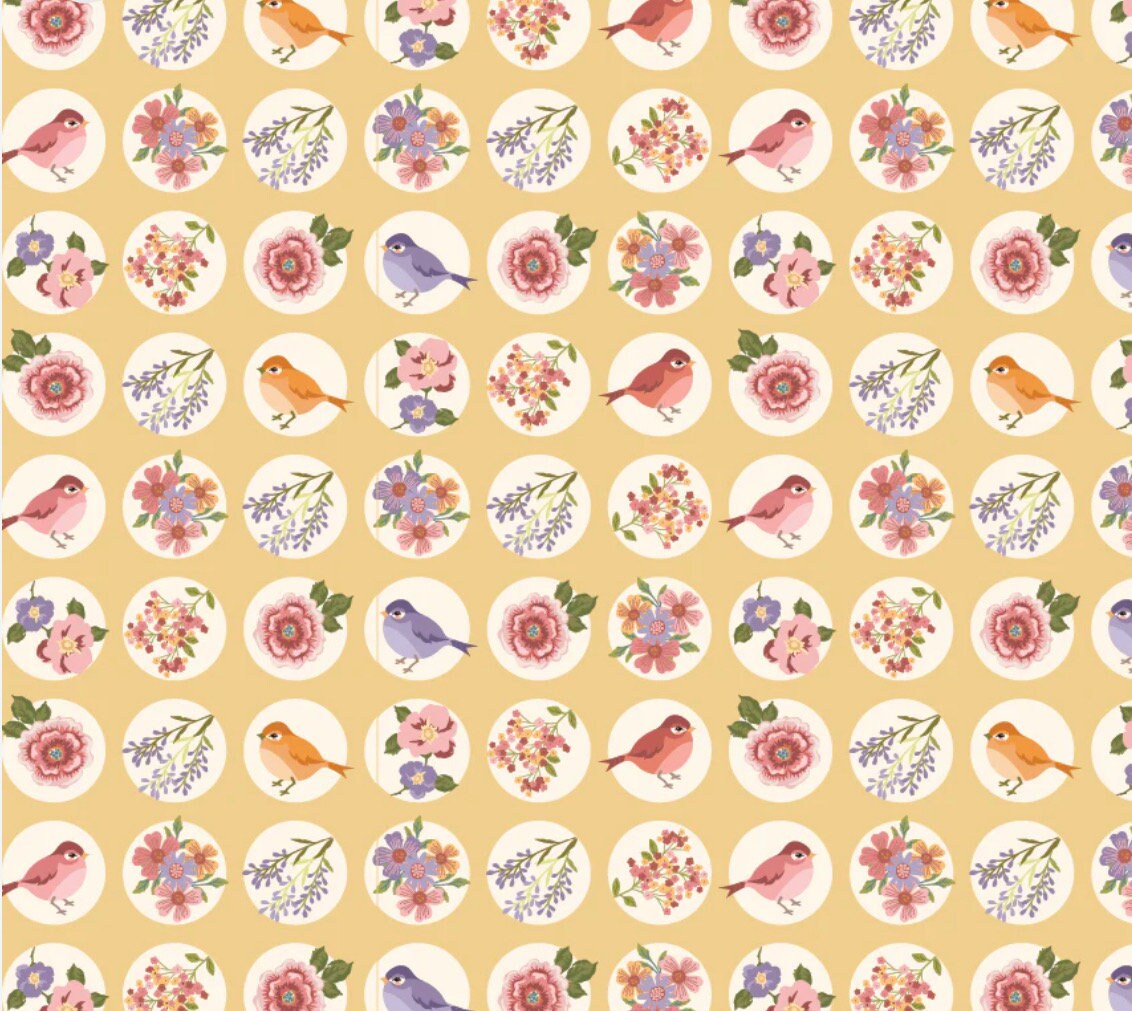 Nature sings yellow | Poppie cotton | in stock | ditsy | floral | vintage | Lori Woods | plaid | birds