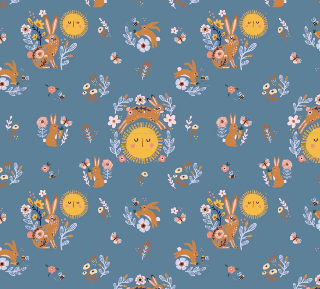 Hide and seek sunny bunnies blue - Easter | Poppie cotton | in stock | spring | bunnies | floral butterflies | Mckenzie Elston HS23414