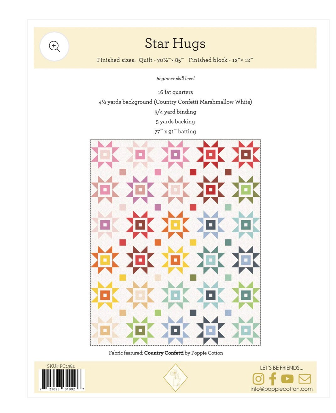 Star hugs -  Paper Pattern | Poppie cotton |  quilt size 70 1/2 " x 85 "  - in stock - country confetti - spring