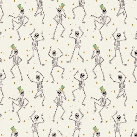 Halloween by Rifle Paper co Halloween - Skeletons - cream Metallic Fabric - witch ghost trick or treat - In Stock- C&S