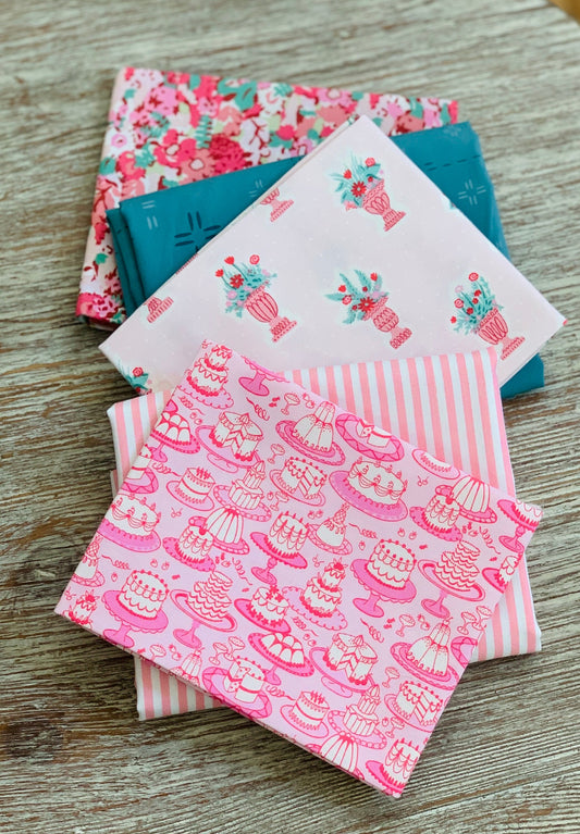 Garden party mini bundle and blenders - 5 fat quarters - pink - high tea - floral - cake - summer