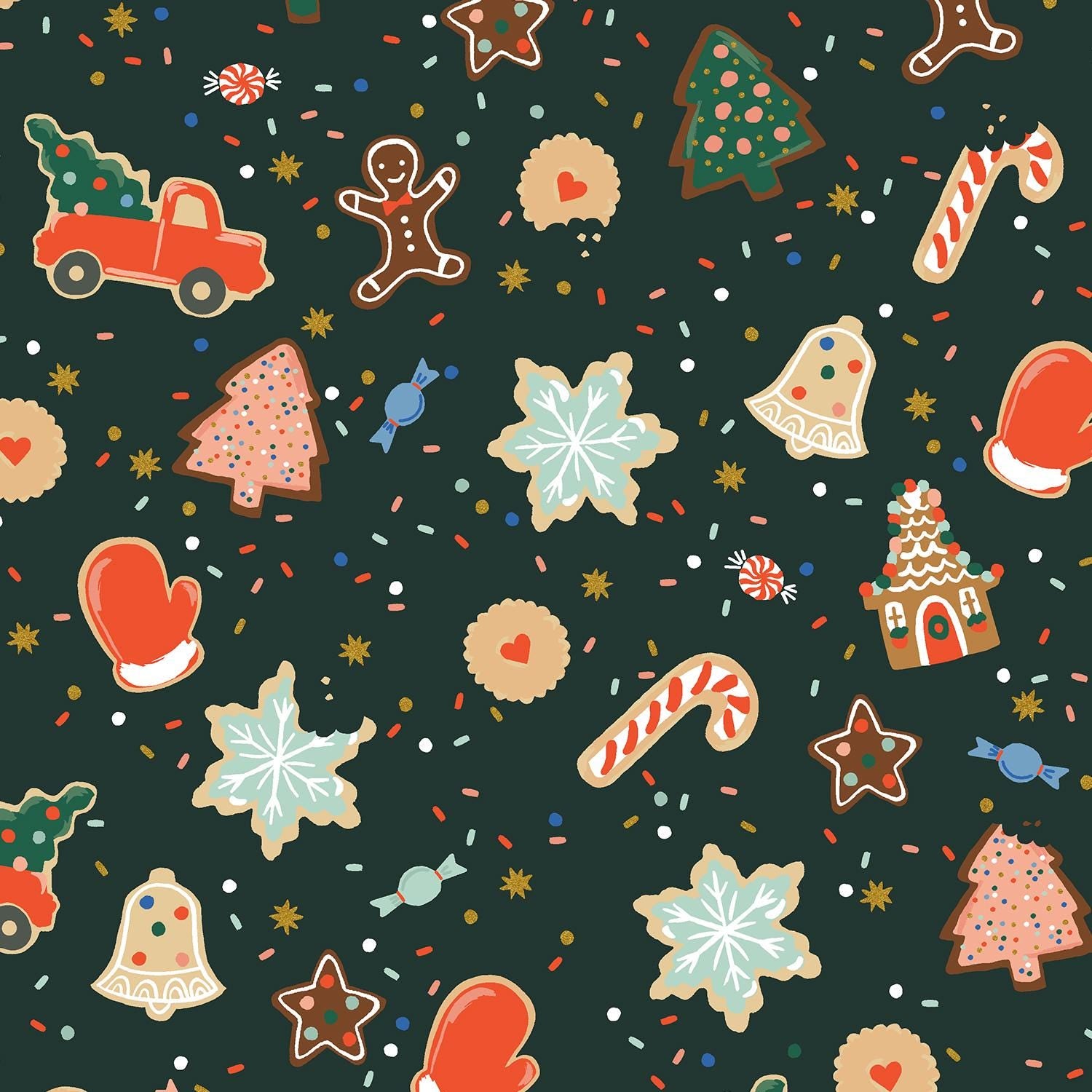 Holiday classics III by Rifle Paper co RP617-EV1M - Christmas Cookies - Evergreen Metallic Fabric - Christmas - in stock