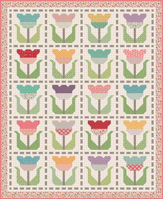 The Stitched Tulips Quilt Boxed Kit - Lori Holt KT-15870 Finished size 77" x 94" - Piece and plenty - in stock - Free US shipping