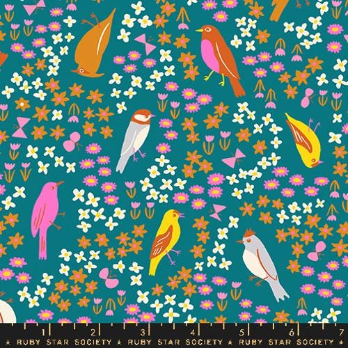 Bird is the word story time teal RS3077 13 Ruby Star society | In stock - Kimberly Kight Spark Bird Novelty Birds Nature Flowers