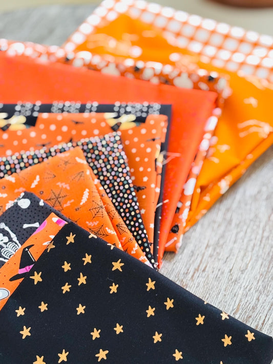 Orange and black Halloween 11 fat quarter OR 1/2 yd bundle - AGF - Poppie cotton Starry sweet tooth Ruby Star - stripe