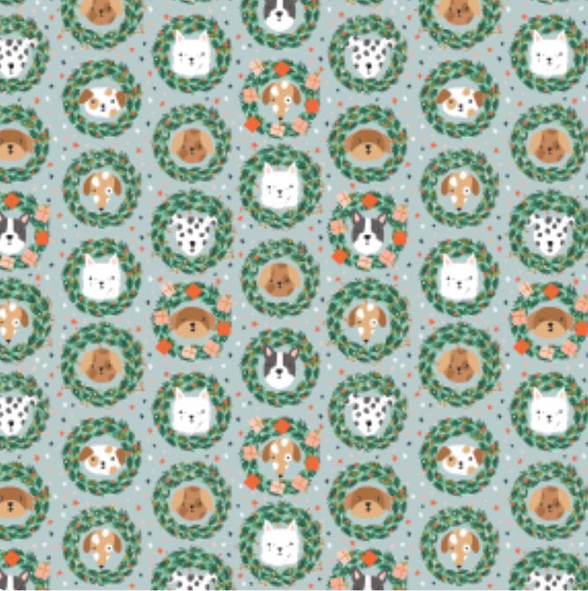 Merry Pawmas - RJR - Christmas - holiday - DG203 - Dominica Godette - dog - Bark And Bough - sky Metallic Fabric