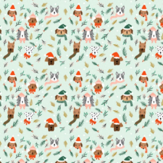 Merry Pawmas - RJR - Christmas - holiday - DG202 - Dominica Godette - puppy - Barkmas Tree - Light mint Metallic Fabric
