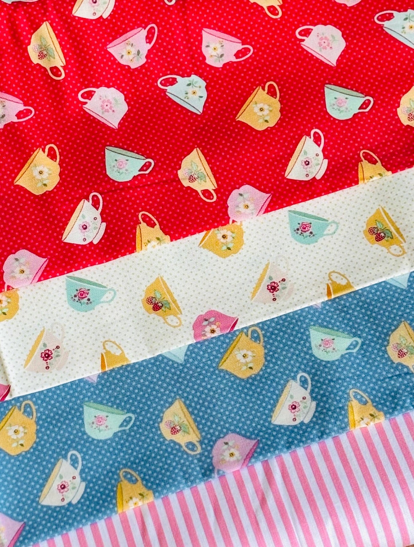 Rosy cheeks mini bundle 4 FQ / 1/2 yards| Poppie cotton | Rosy cheeks | vintage | in stock tea cups pink stripe