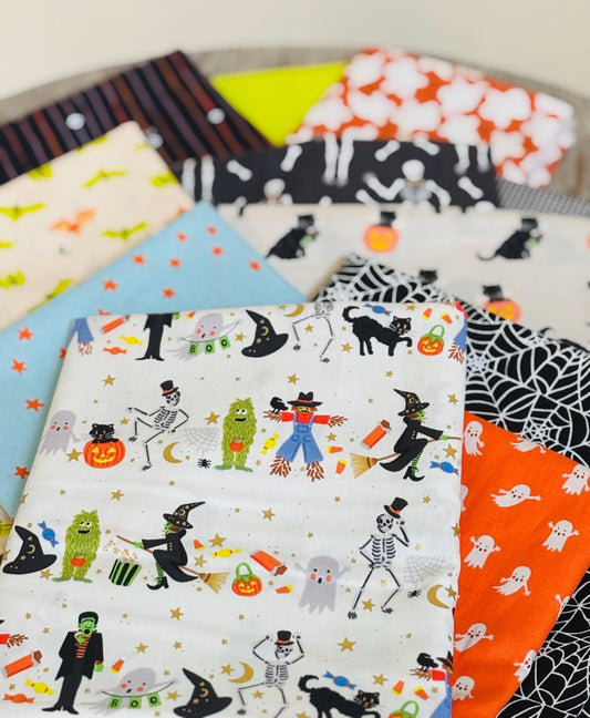 Halloween parade 11 fat quarter OR 1/2 yd bundle - skeleton - pumpkin - RJR pure solids sweet n spooky ghost V.2