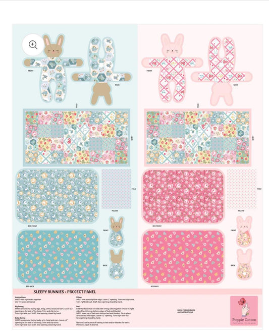 Sleeping Bunnies Panel Multi - 1 yard piece | Poppie cotton | Rosy cheeks | vintage in stock