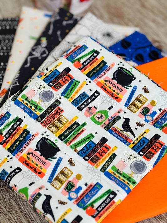 Too cute to spook - Bookish 8 fat quarter - skeleton - pumpkin - RJR pure solids sweet n spooky ghost halloween parade Spellbound
