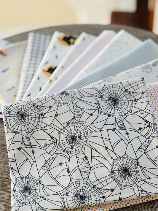Faintly spooky 11 fat quarter Low volume - skeleton - pumpkin - RJR pure solids sweet n spooky ghost Part 2
