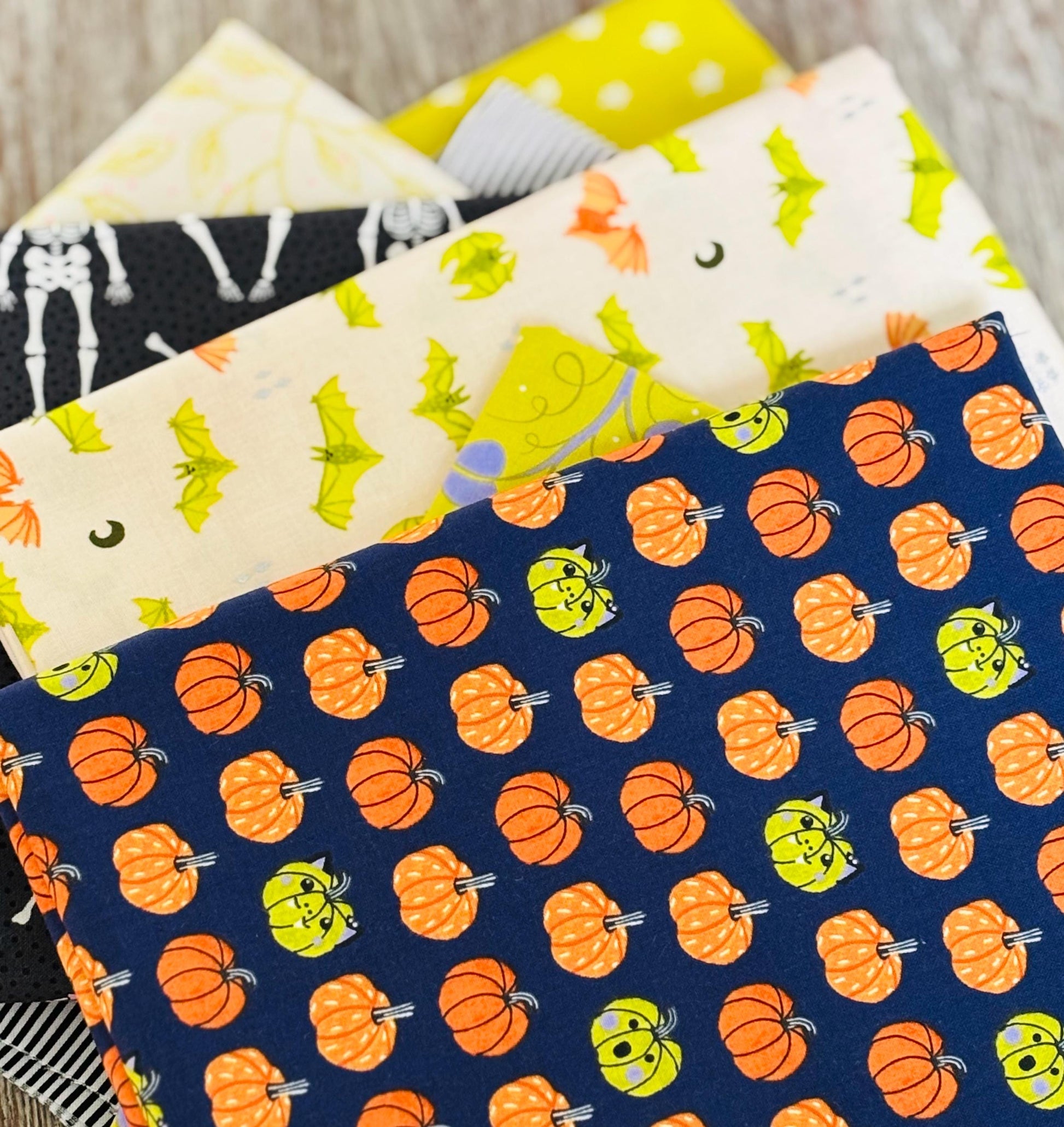 Too cute to spook - slime lime green 7 fat quarter - skeleton - pumpkin - RJR pure solids sweet n spooky ghost scaredy cat