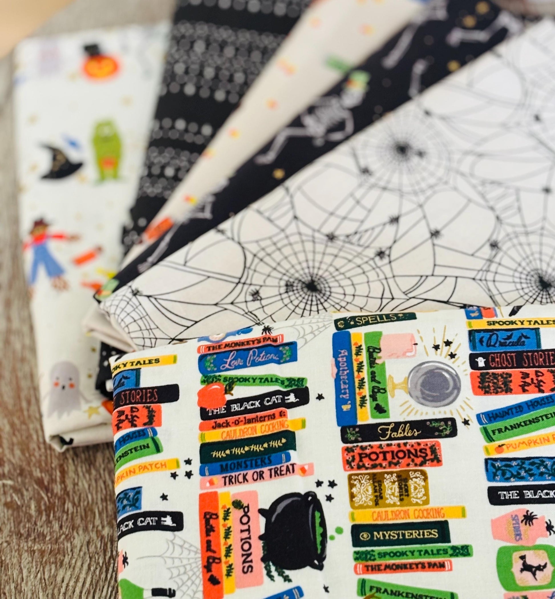 Too cute to spook - Bookish 8 fat quarter - skeleton - pumpkin - RJR pure solids sweet n spooky ghost halloween parade Spellbound