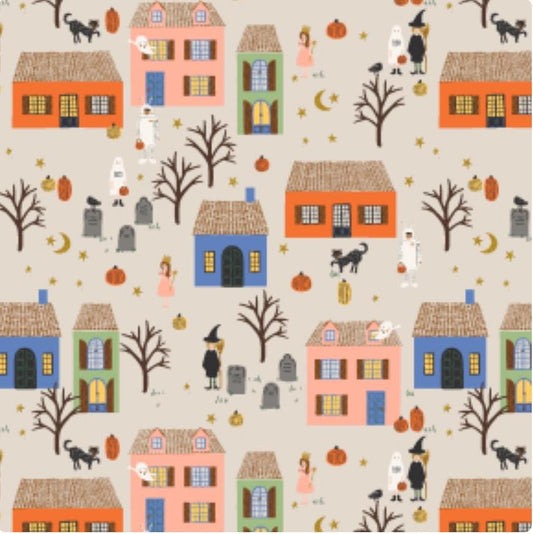 Halloween by Rifle Paper co RP1307-LM1M Halloween Night - Linen Metallic Gold Metallic Fabric - witch ghost trick or treat - C&S in stock