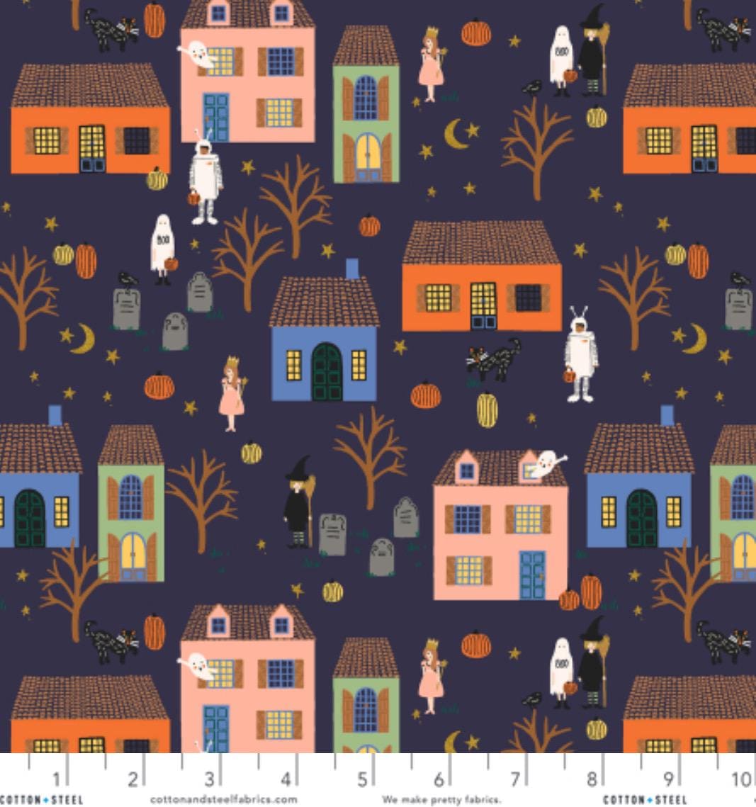 Halloween by Rifle Paper co RP1307- nm2m Halloween Night - indigo Metallic Gold Metallic Fabric - witch ghost trick or treat - C&S in stock